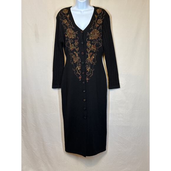 Sweater Dress VTG Black Fall Embroidered Floral w/ Metallic Thread Old Money - Picture 1 of 14